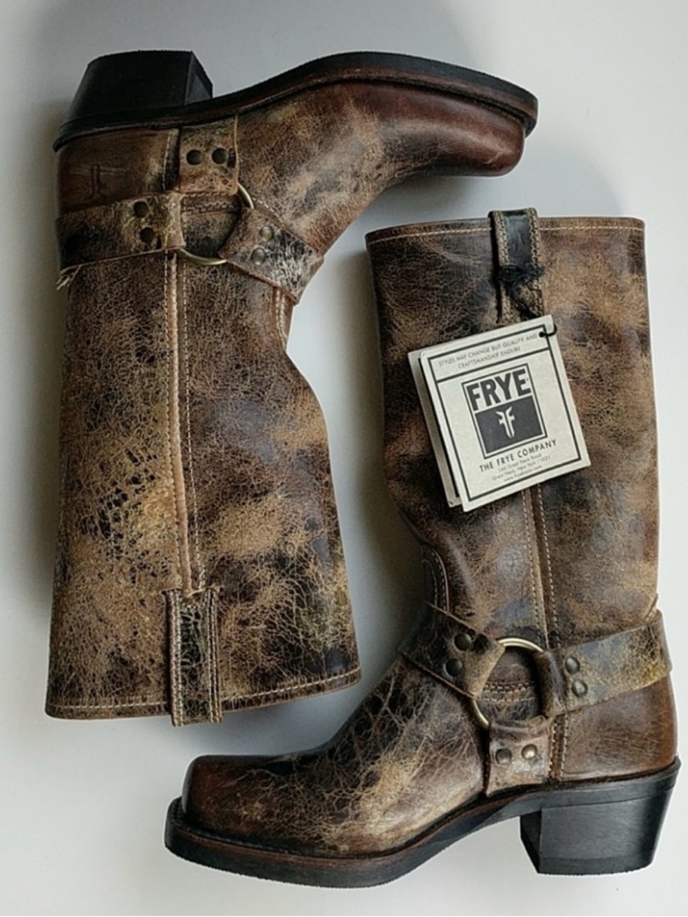 Frye Harness Boots in Distressed Brown Leather